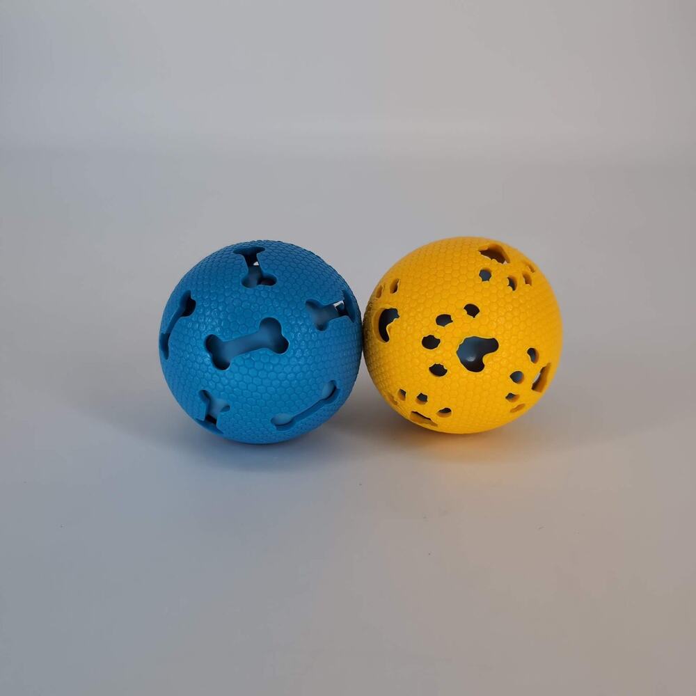 Unbranded Yellow and Blue Paw and Bone Print Patterned Rubber Dog Ball Toys -GUC